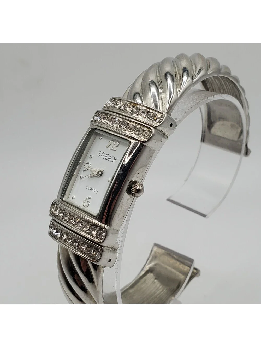 Studio Rhinestone Quartz Watch Womens 19mm Silver Tone New Battery